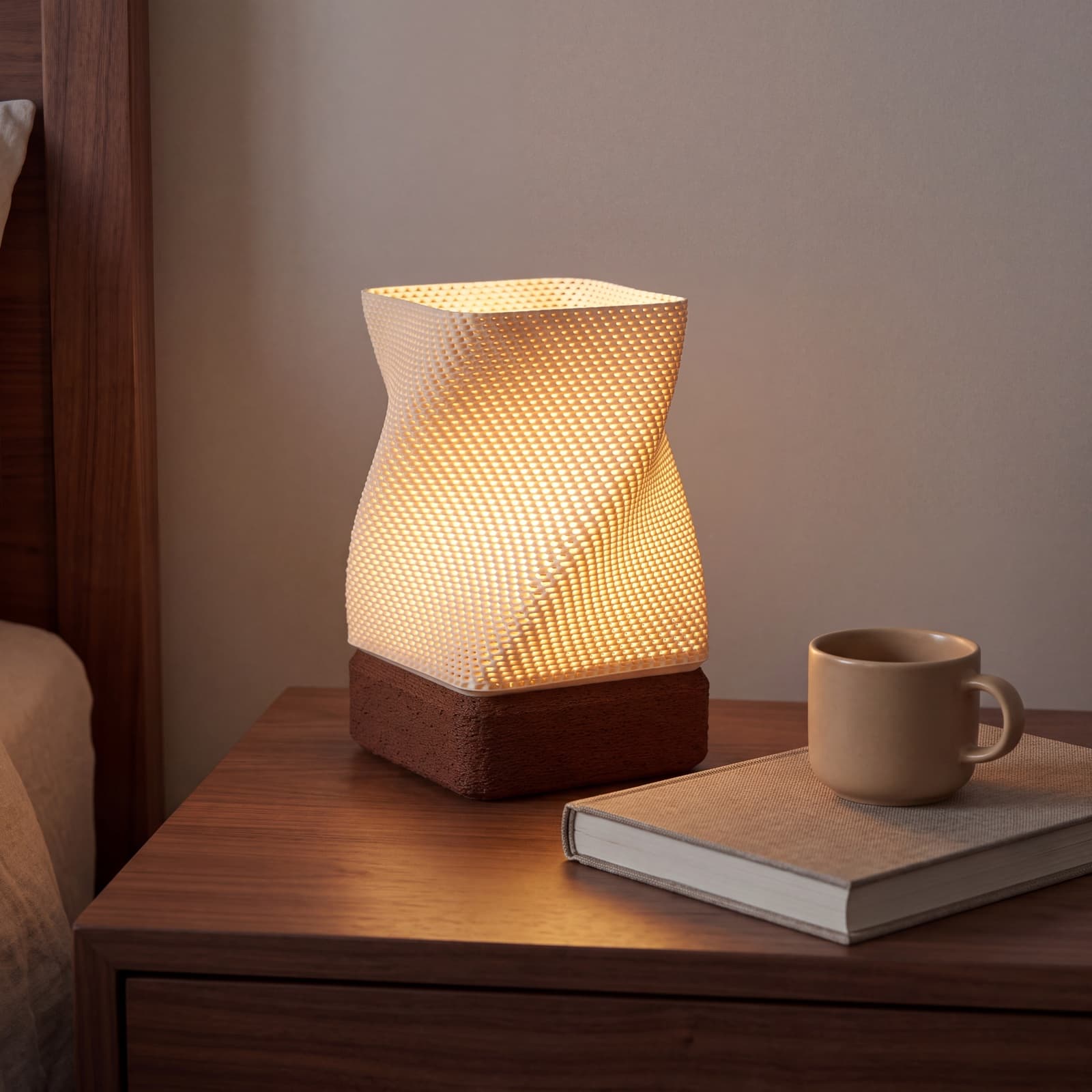 Trena – Tischlampe mit gewebtem Schirm und strukturiertem Sockel aus dem 3D-Druck 2