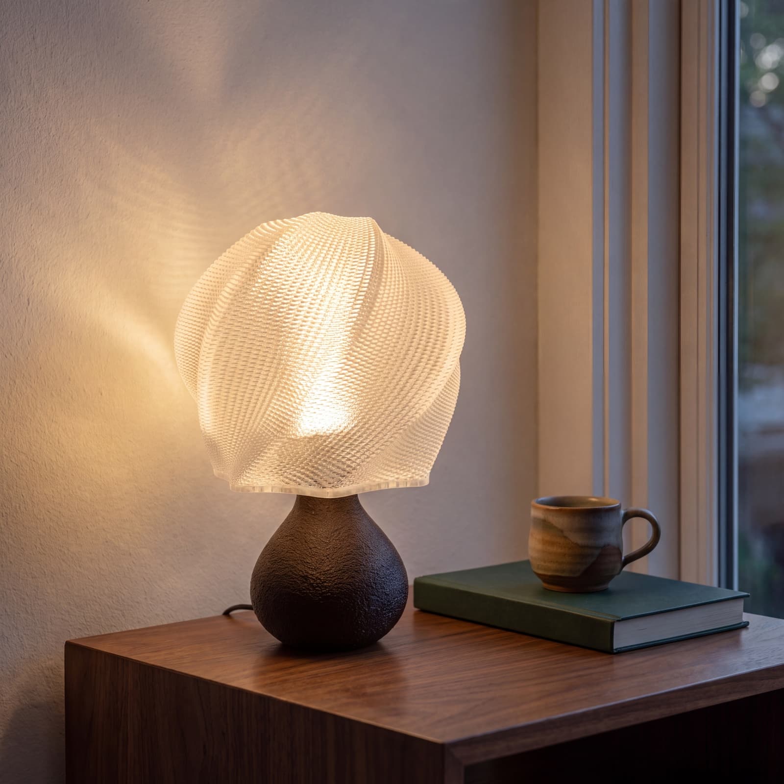 Nida – Tischlampe mit transluzentem Nest-Schirm auf bauchigem Sockel aus dem 3D-Druck 2