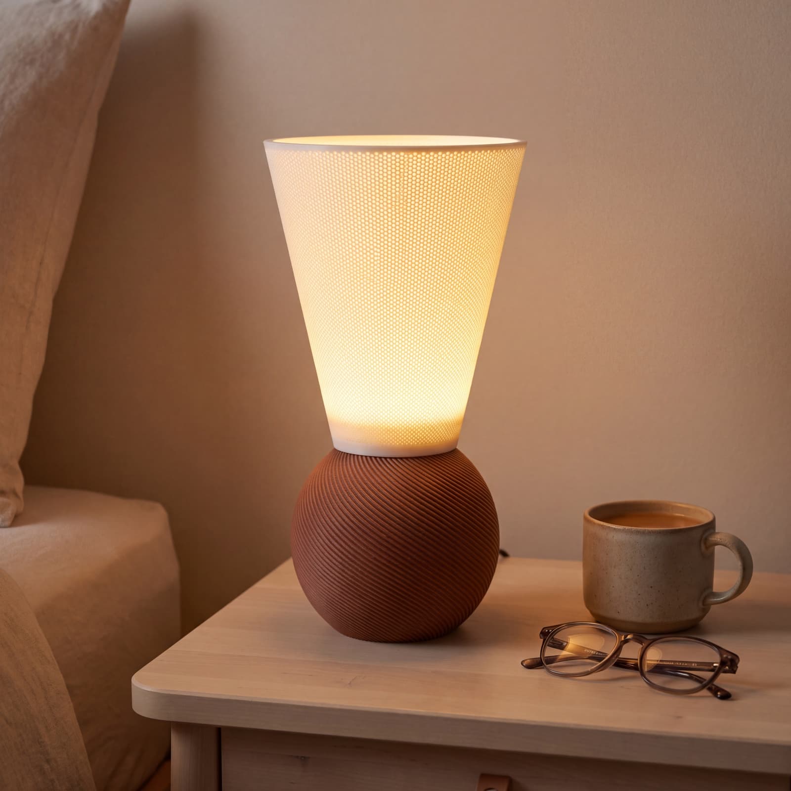 Faro – Tischlampe mit Trichterschirm auf gerillter Terrakotta-Kugel aus dem 3D-Druck 2