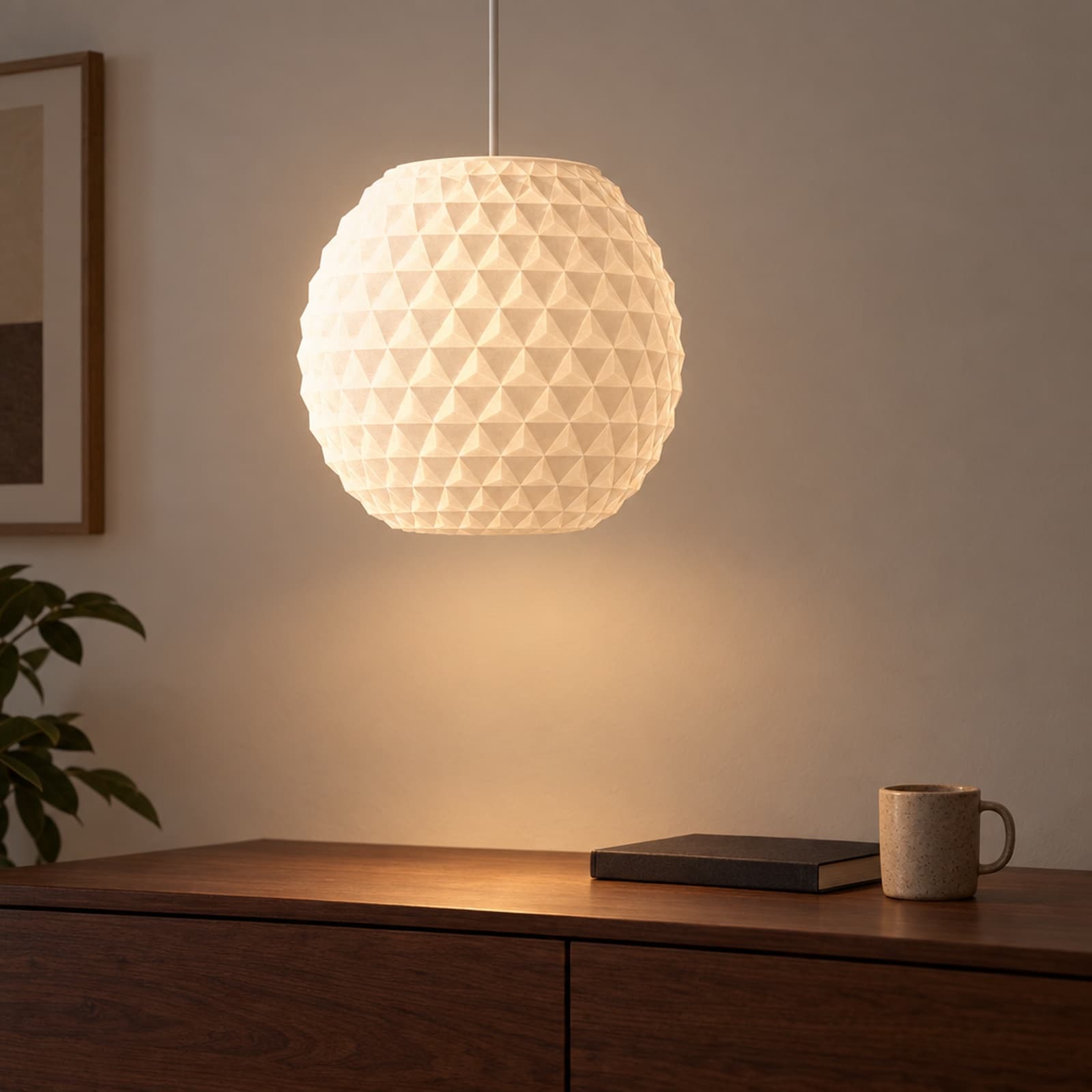 Cresta – kugelförmiger Pendelleuchten-Schirm mit Rautenrelief aus dem 3D-Druck 2