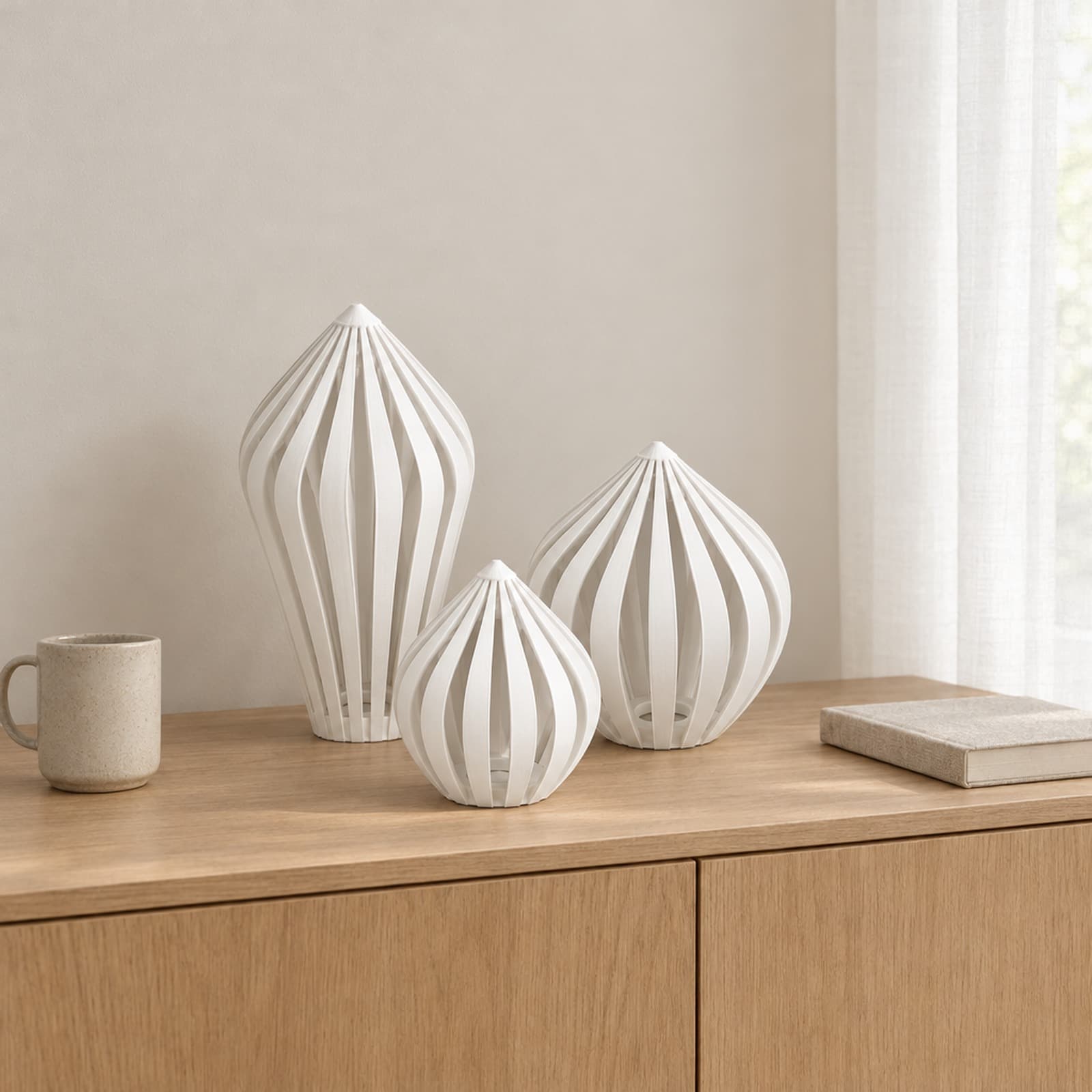 Terzetto – dreiteiliges Windlicht-Set mit Lamellenschirmen aus dem 3D-Druck 2
