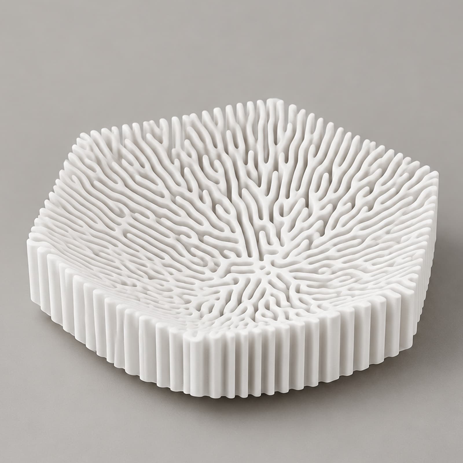 Atollo – flache Sechseckschale mit korallenartigem Relief aus dem 3D-Druck