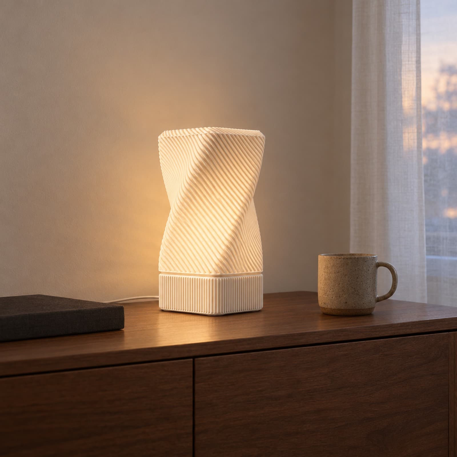 Svolta – USB-Tischlampe mit gedrehtem Rippenschirm auf flachem Sockel aus dem 3D-Druck 2