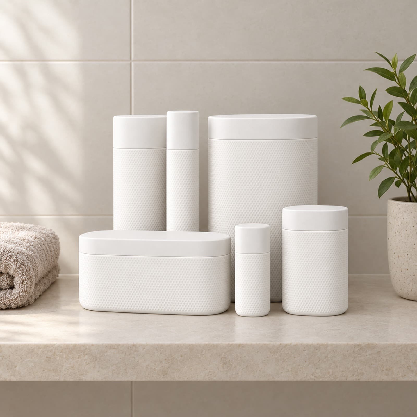 Toletta – Badezimmer-Set aus sechs Behältern mit Deckeln und Punktrelief aus dem 3D-Druck 2