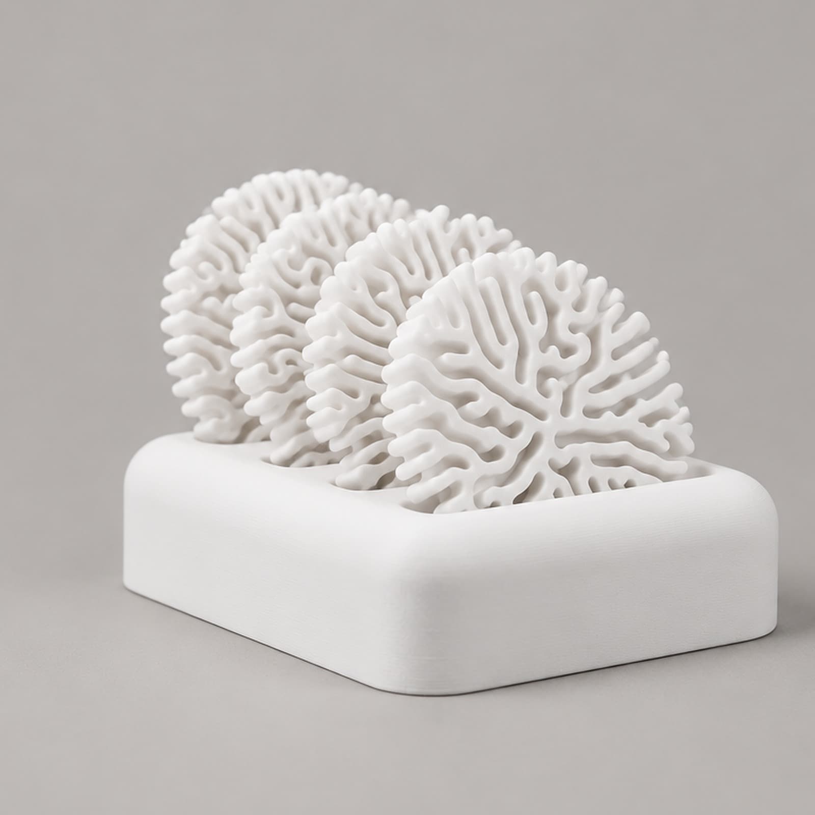 Madrepora – Untersetzer-Set mit vier Korallenrelief-Scheiben und Halter aus dem 3D-Druck