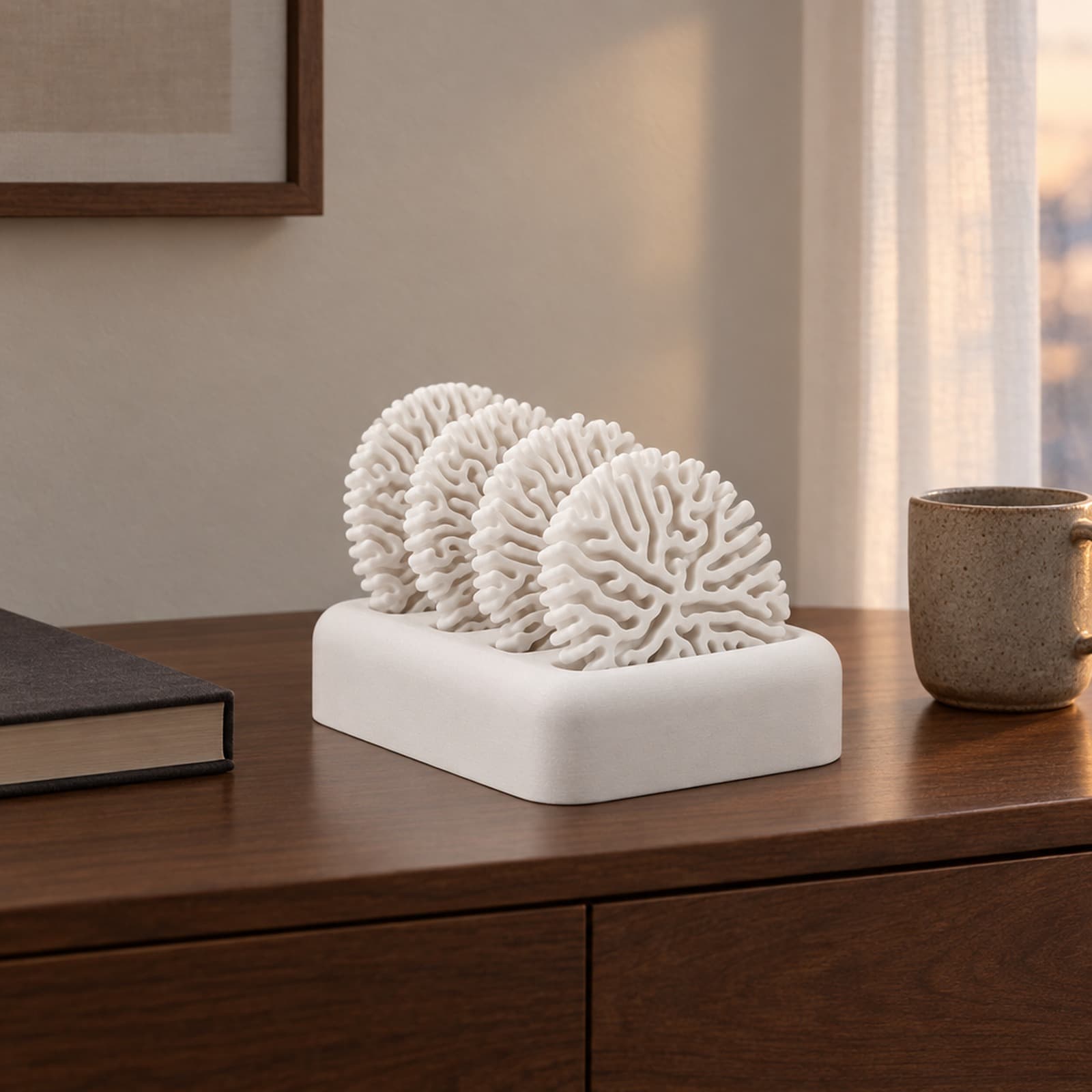Madrepora – Untersetzer-Set mit vier Korallenrelief-Scheiben und Halter aus dem 3D-Druck 2