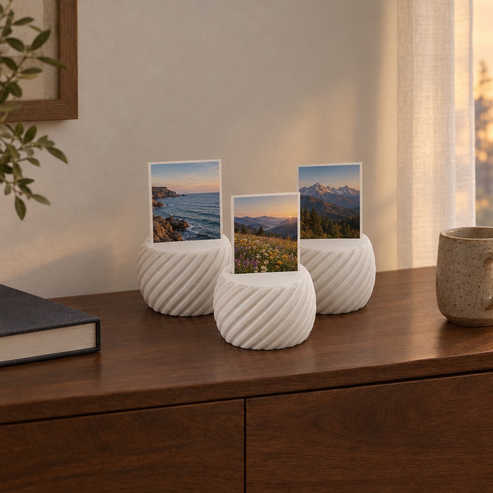 Ricordo – Set aus drei runden Fotohaltern mit Spiralrillen aus dem 3D-Druck 2
