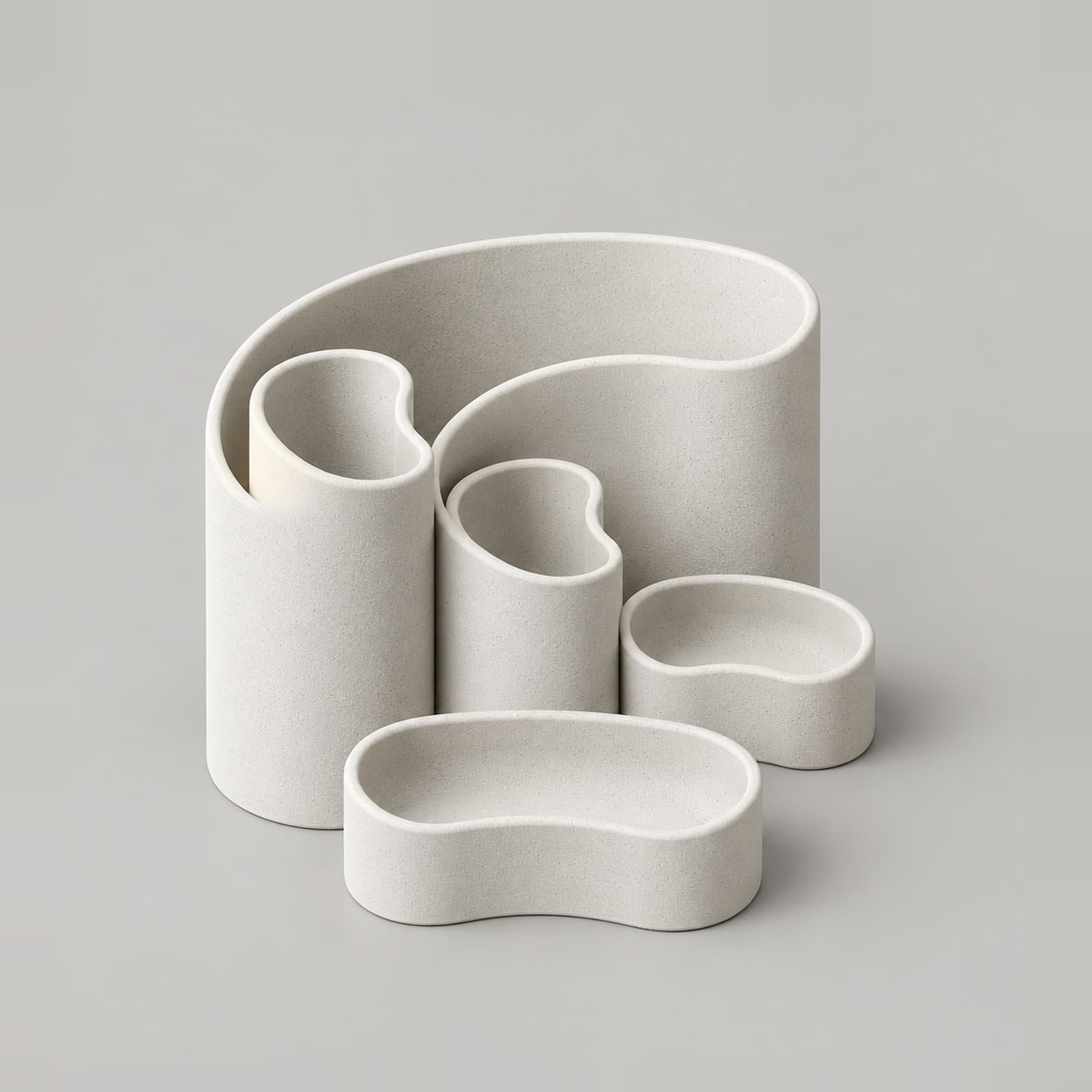 Tornante – Schreibtisch-Organizer aus S-förmiger Wand und vier Nierenfächern aus dem 3D-Druck