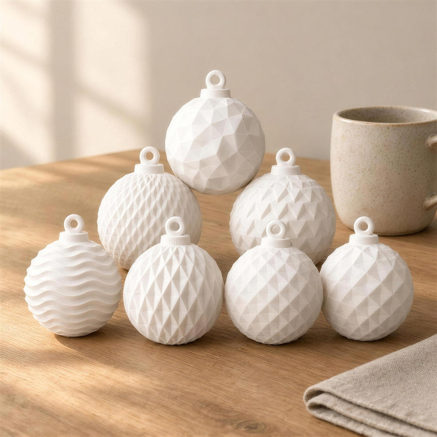 Palla – Set aus sieben Christbaumkugeln mit verschiedenen Mustern aus dem 3D-Druck