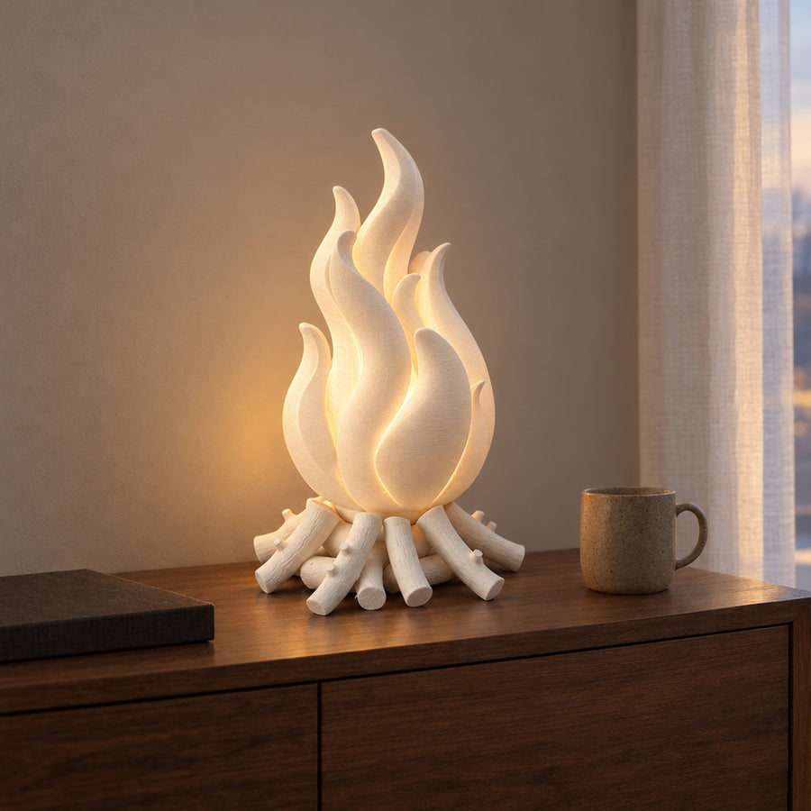 Falo – Tischlampe LED USB in Flammenform auf Scheitholz-Sockel aus dem 3D-Druck