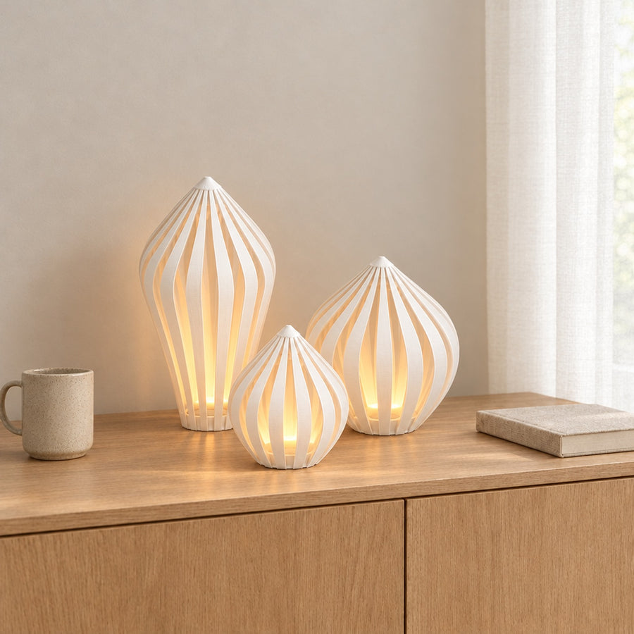 Terzetto – Windlicht-Set 3-teilig für LED-Teelichter mit Lamellenschirmen
