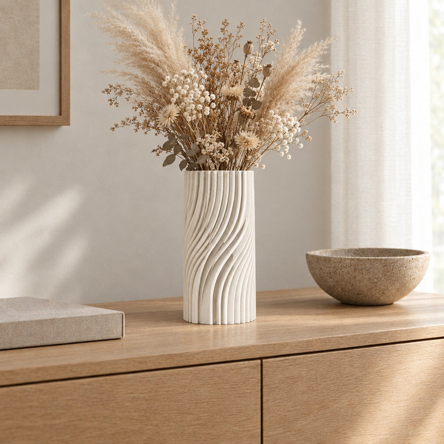 Treccia – Deko Vase für Trockenblumen in zylindrischer Form mit gedrehten S-Kurven