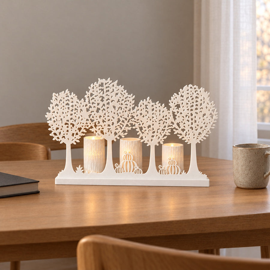 Autunno – Herbst-Windlicht für LED-Teelichter mit Baumsilhouetten und Kürbissen