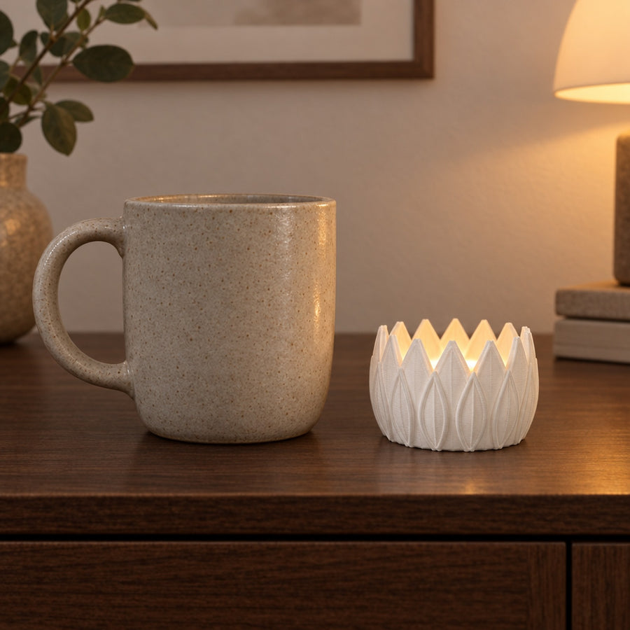 Ninfea – flacher Teelichthalter mit Blattkrone aus dem 3D-Druck