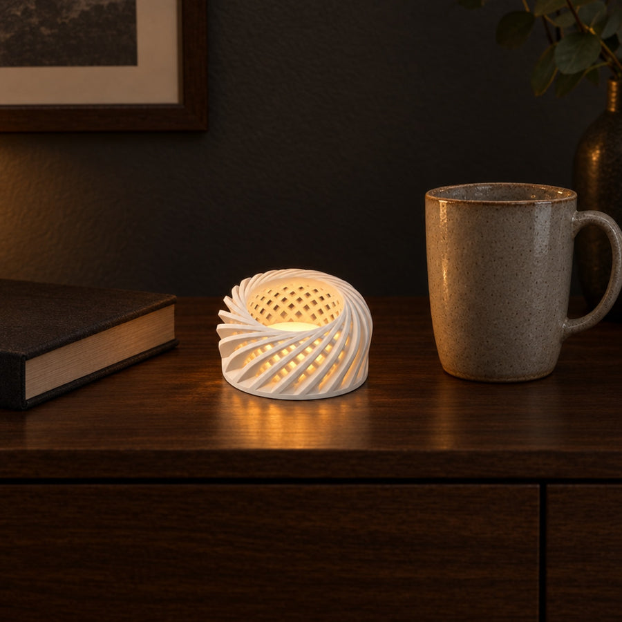 Elicoide – Teelichthalter aus gekreuzten Spiralbändern aus dem 3D-Druck