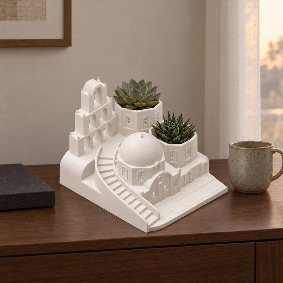 Isola – Pflanztopf als weiße Inselarchitektur mit zwei Pflanzfächern aus dem 3D-Druck